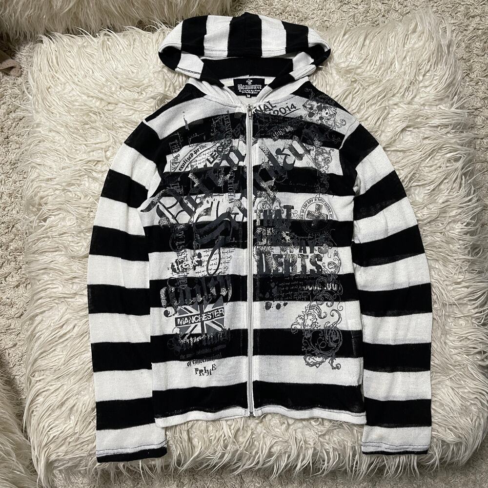 Striped Graphic Hooded Longsleeve Knitted Zip Up Jacket Black White size M